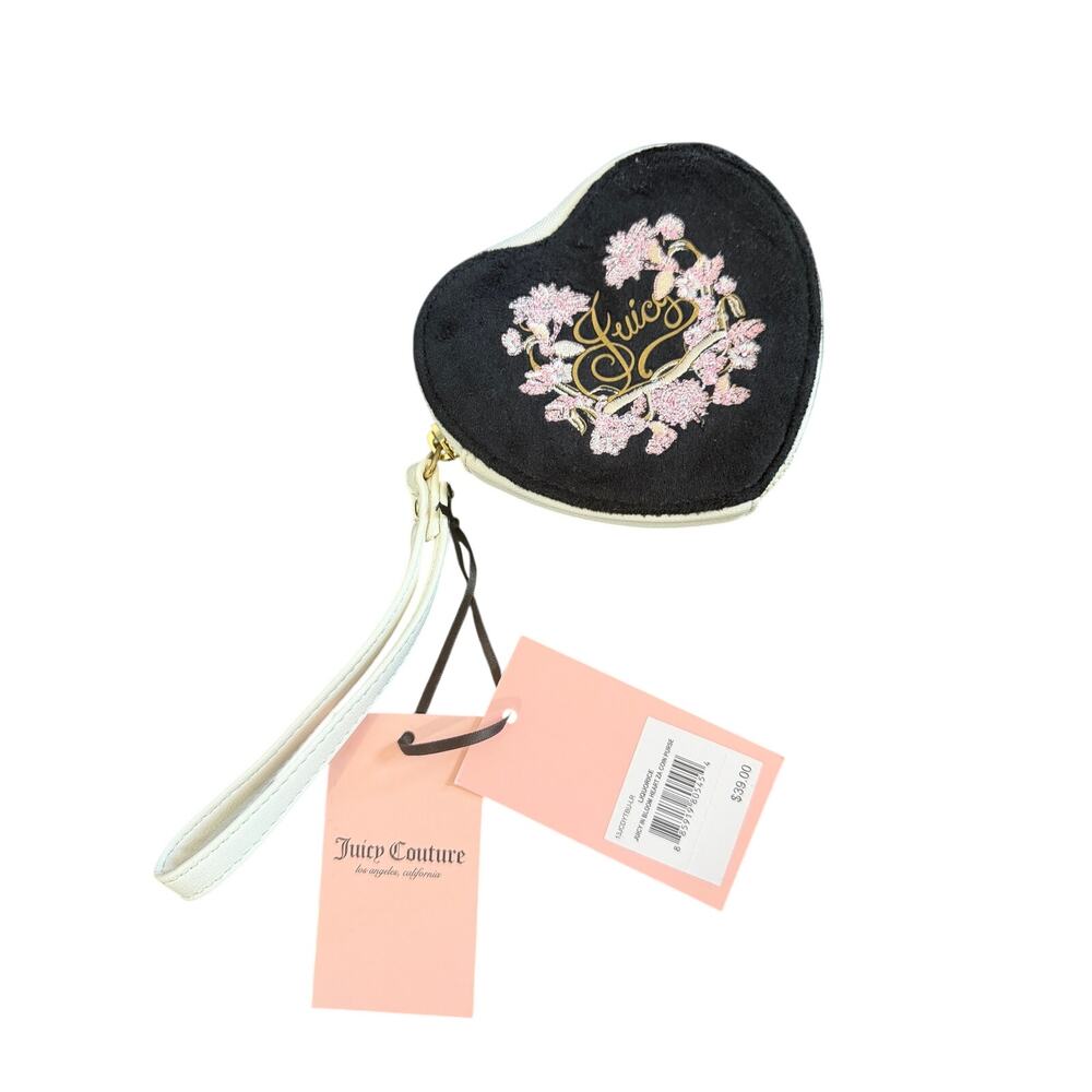 🆕Juicy Couture Heart Wristlet Black Floral Embroidered Zip Pouch LogoWallet NWT